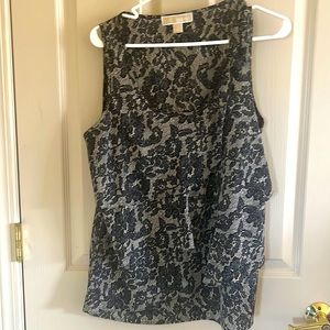 Michael Kors sleeveless top Black lace print w/taupe scoop neck & 3 ruffle front